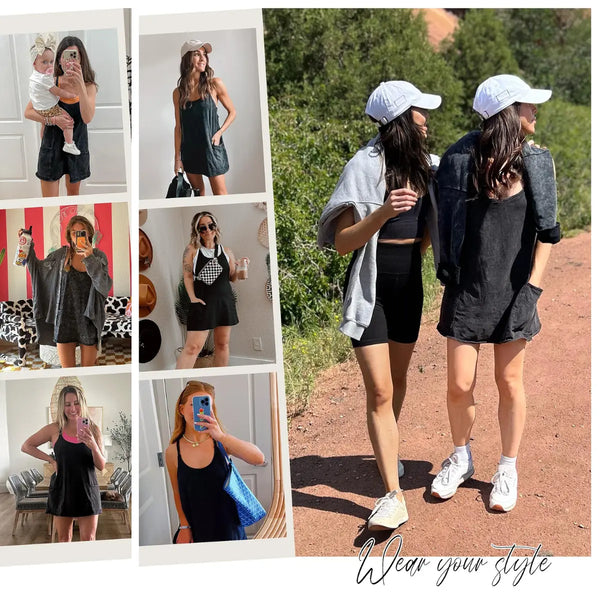 Uaneo Women's Summer Sleeveless Mini Dress V Neck Spaghetti Straps Athletic Built-in Shorts Sundress