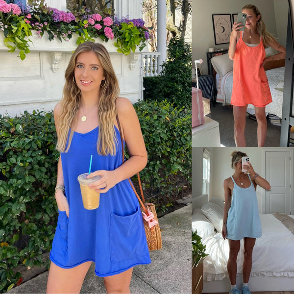 Uaneo Women's Summer Sleeveless Mini Dress V Neck Spaghetti Straps Athletic Built-in Shorts Sundress
